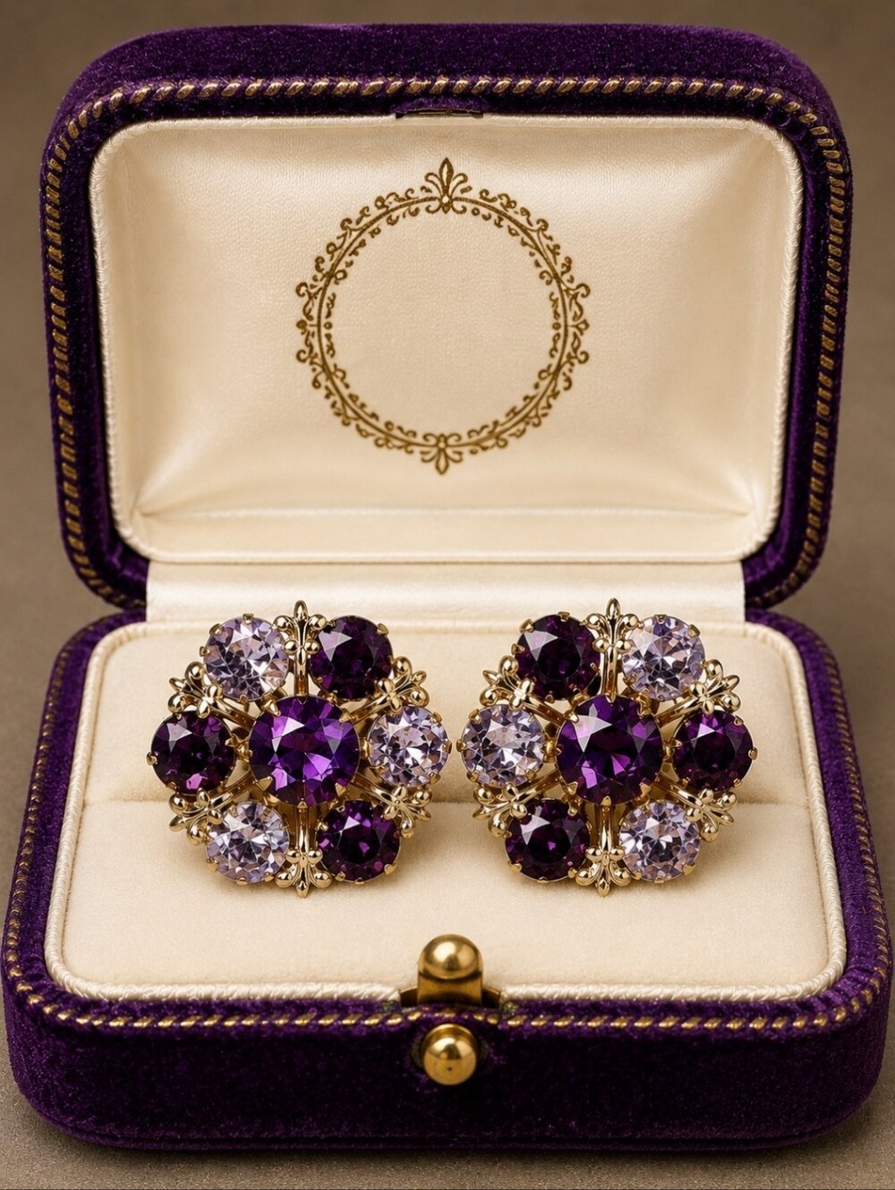 Purple Lavender Rhinestone Screw Back Riveted Fleur de Lis Earrings Vintage